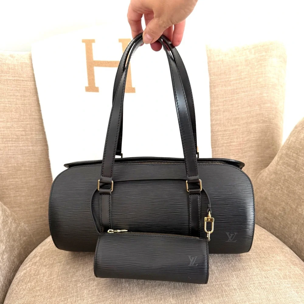 Authentic Louis Vuitton Soufflot bag Black Epi Leather with mini pouch M52862